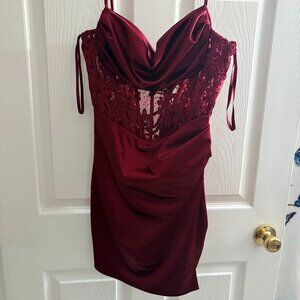Burgundy Satin Lace Corset Dress